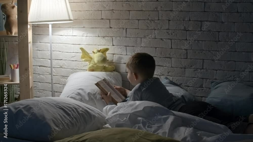 PAN of cute little boy lying on bed and reading story to plush dragon ...