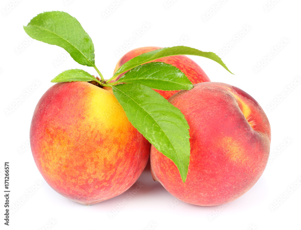 Peach. Fruit with green leaf isolated on white background Peach. Fruit with green leaf isolated on white background
