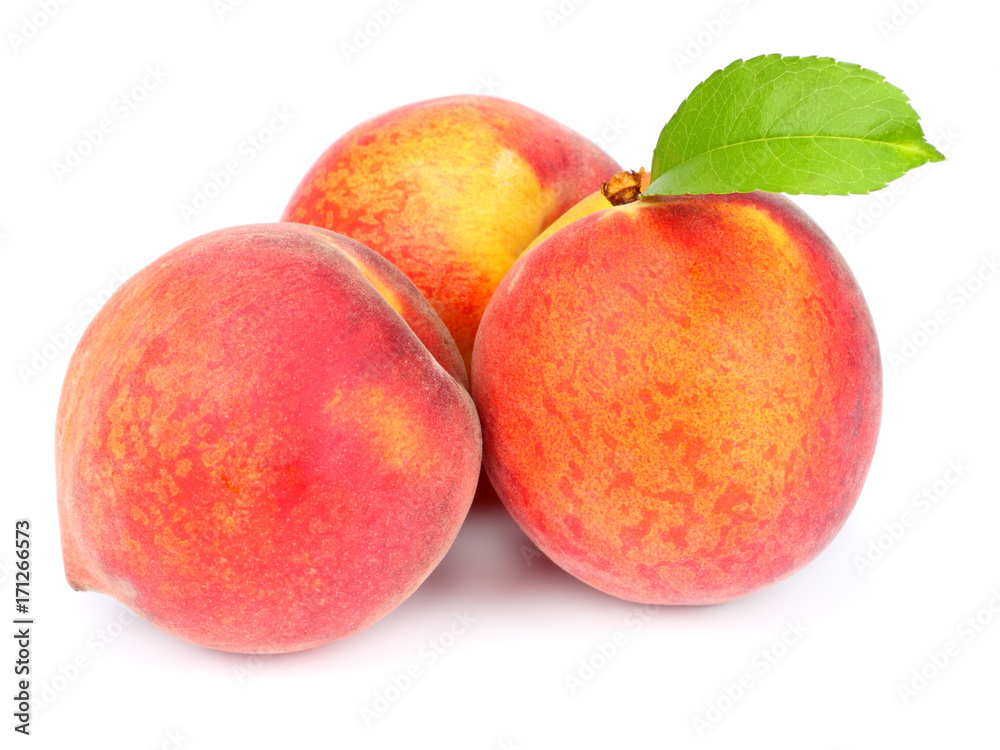 Peach. Fruit with green leaf isolated on white background Peach. Fruit with green leaf isolated on white background