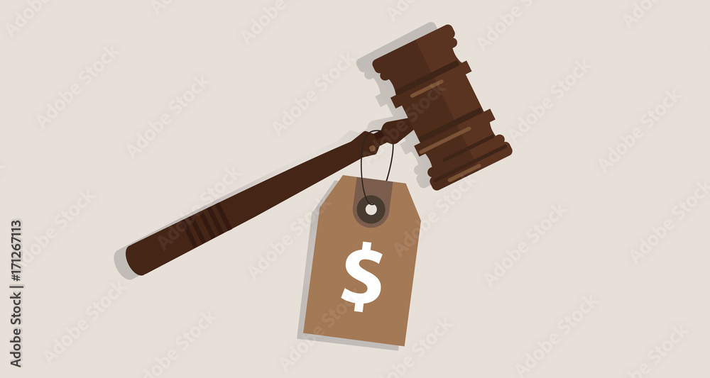 buy justice law price tag dollar sign on hammer bribery corrupted trial judgment concept of auction - obrazy, fototapety, plakaty 
