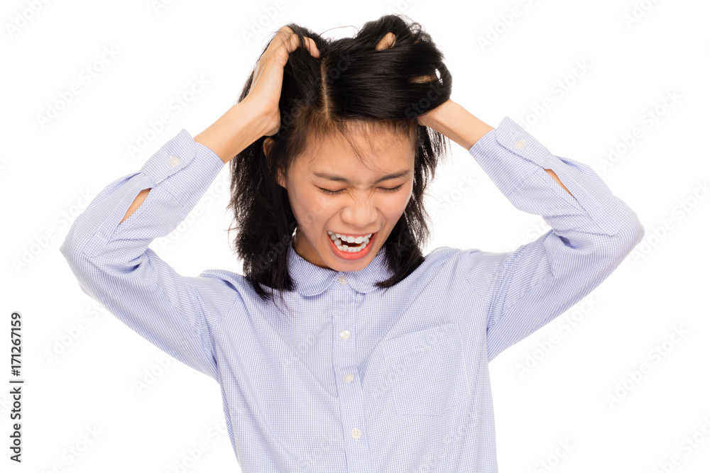Portrait of a beautiful asian business woman having a headache. Isolated on white background Portrait of a beautiful asian business woman having a headache. Isolated on white background
