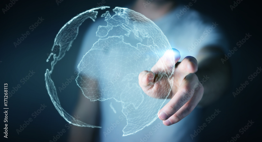 Businessman touching global network on planet earth 3D rendering Businessman touching global network on planet earth 3D rendering