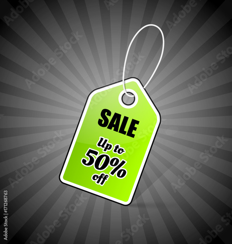 Price tag with bargain discount text SALE Up to 50% off
