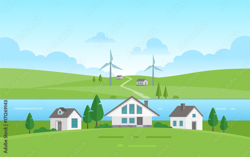 Small houses by the river - modern vector illustration