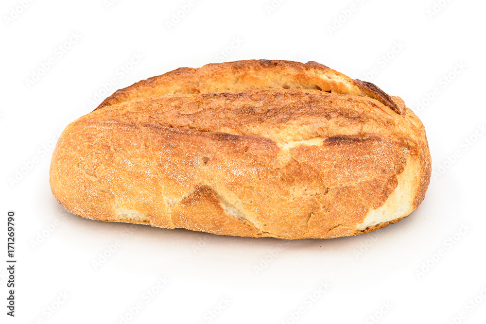 Closeup of a whole sourdough bread isolated on white background.