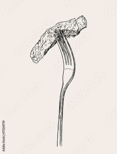 beef steak on fork, sketch vector.