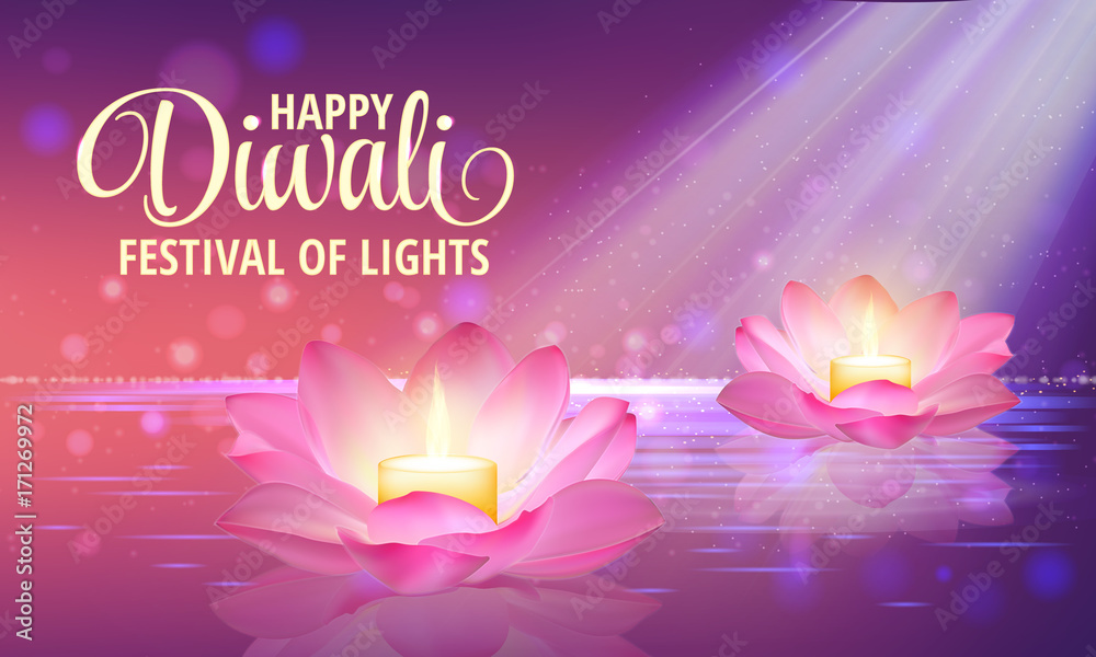 Diwali. Vector. Festival of light background. Greeting background with pink lotus and a burning candle inside.