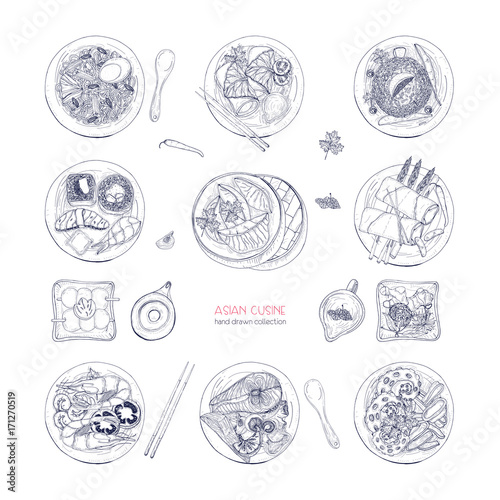 Collection of hand drawn dishes of Asian cuisine isolated on white background. Delicious meals and snacks, traditional food of Asia - ramen noodles, dumplings, sushi. Vector detailed illustration.