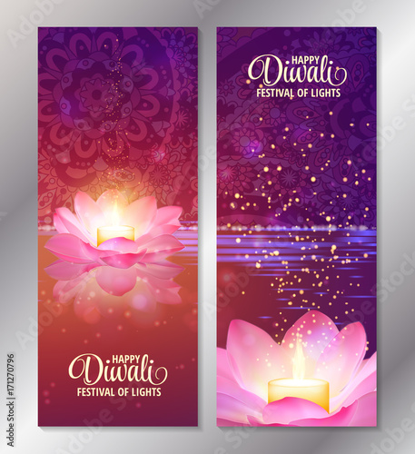 Set of two happy diwali vertical banners with glowing candle on pink lotus. Vector. Festival of lights greeting flyers.