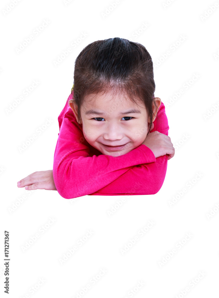Adorable asian child smiling and lie down. Isolated on white background. Adorable asian child smiling and lie down. Isolated on white background.