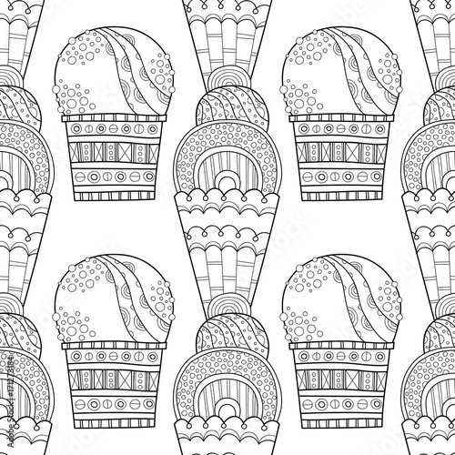 Ice cream  dessert. Black and white illustration for coloring book  pages. Seamless decorative pattern for design.