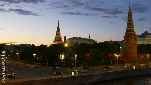 sunset night time moscow river kremlin wall traffic bay panorama 4k russia
