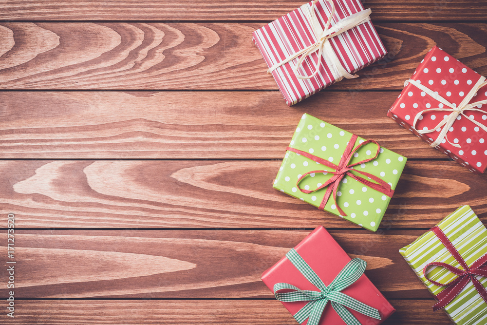Christmas gift boxes on wooden background Christmas gift boxes on wooden background