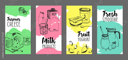 Collection of flyers with dairy products advertisement - farmer cheese, milk, fruit yogurt, fresh smoothie hand drawn on white background with bright colored stains of paint. Vector illustration.