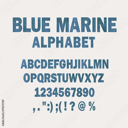 Blue marine alphabet. Simple striped sea typography font set 