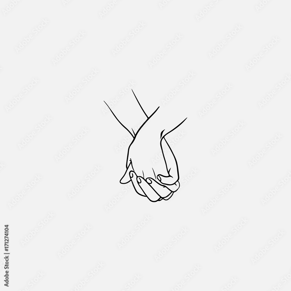 Holding hands with interlocked or intertwined fingers drawn by black lines isolated on white