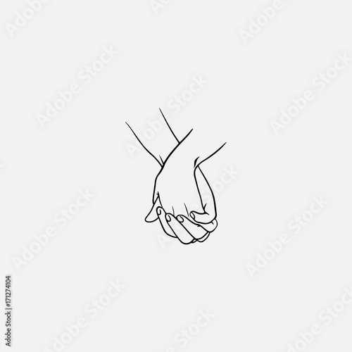 Canvas Print Holding hands with interlocked or intertwined fingers drawn by black lines isolated on white background