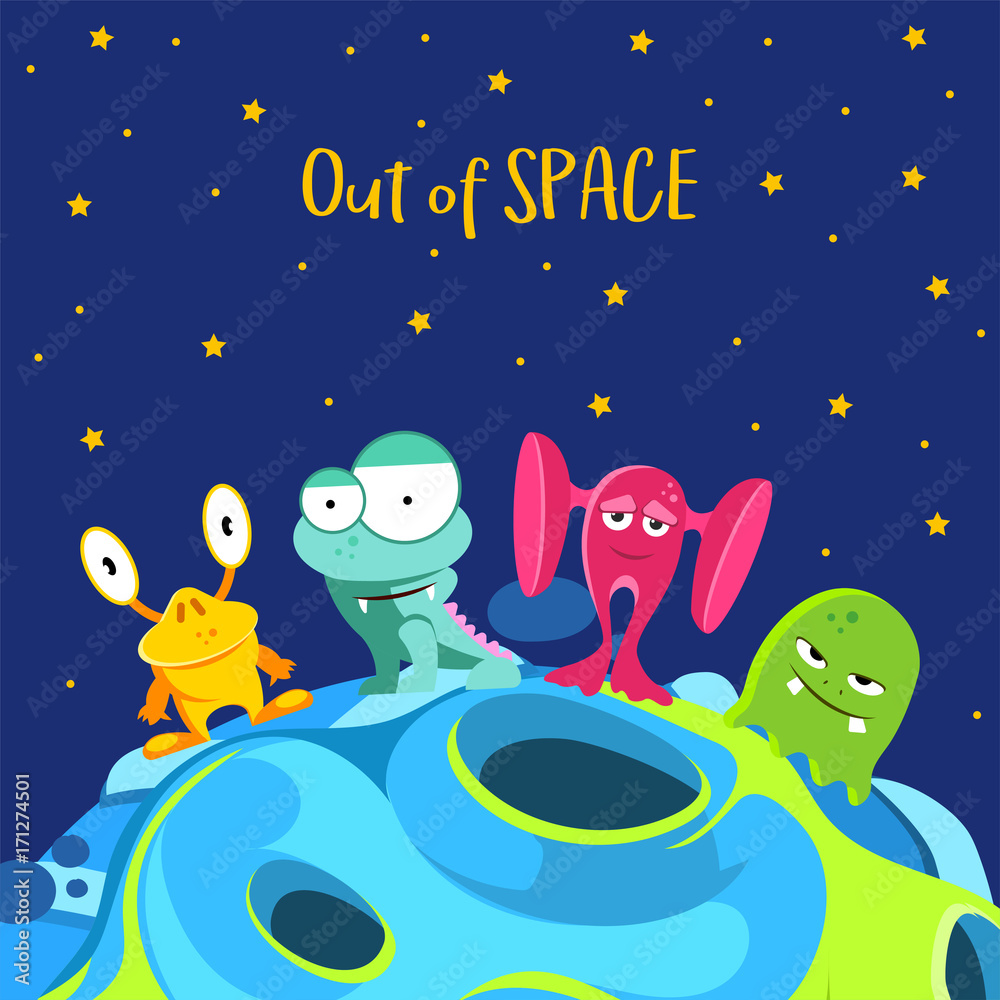 Naklejka premium Out of space. Spaceship background with monsters in cartoon style