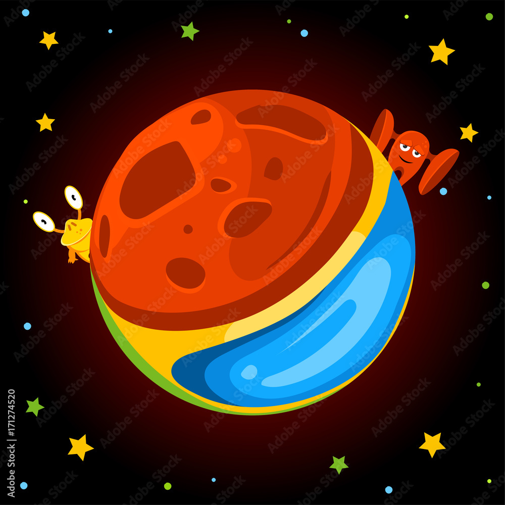 Naklejka premium Fantasy cartoon planet with aliens. Vector illustration.