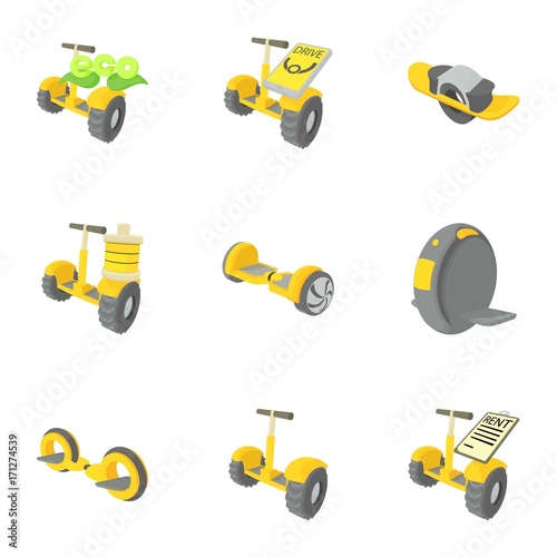 Balancing scooter icons set, cartoon style