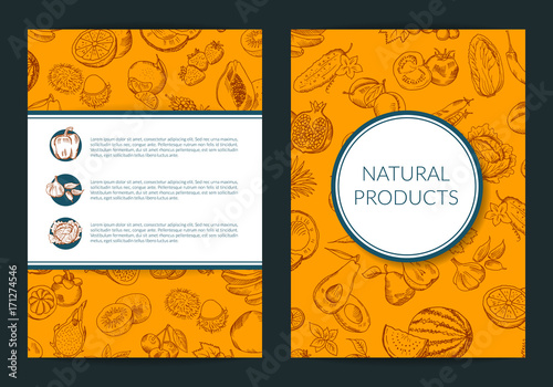 Vector doodle handdrawn fruits and vegetables vegan, healthy food card, brochure, flyer template