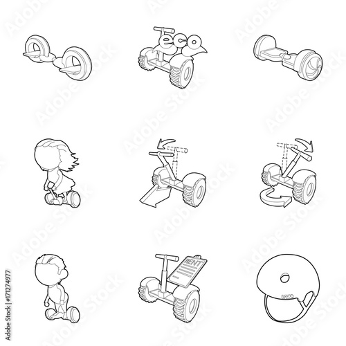 Balancing scooter icons set, outline style
