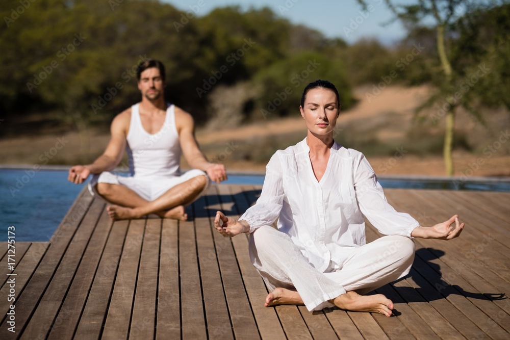 Couple performing yoga at safari vacation Couple performing yoga at safari vacation