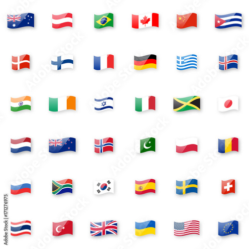 World flags vector icon set. Shiny glossy small waving flag icons with correct proportions.