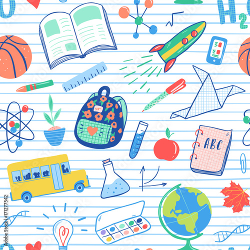 Back to school seamless pattern. Vector school bus, rocket, globe, backpack, ball, book, chemistry, test tubes, paint, plant, telephone. School doodles icons illustration.