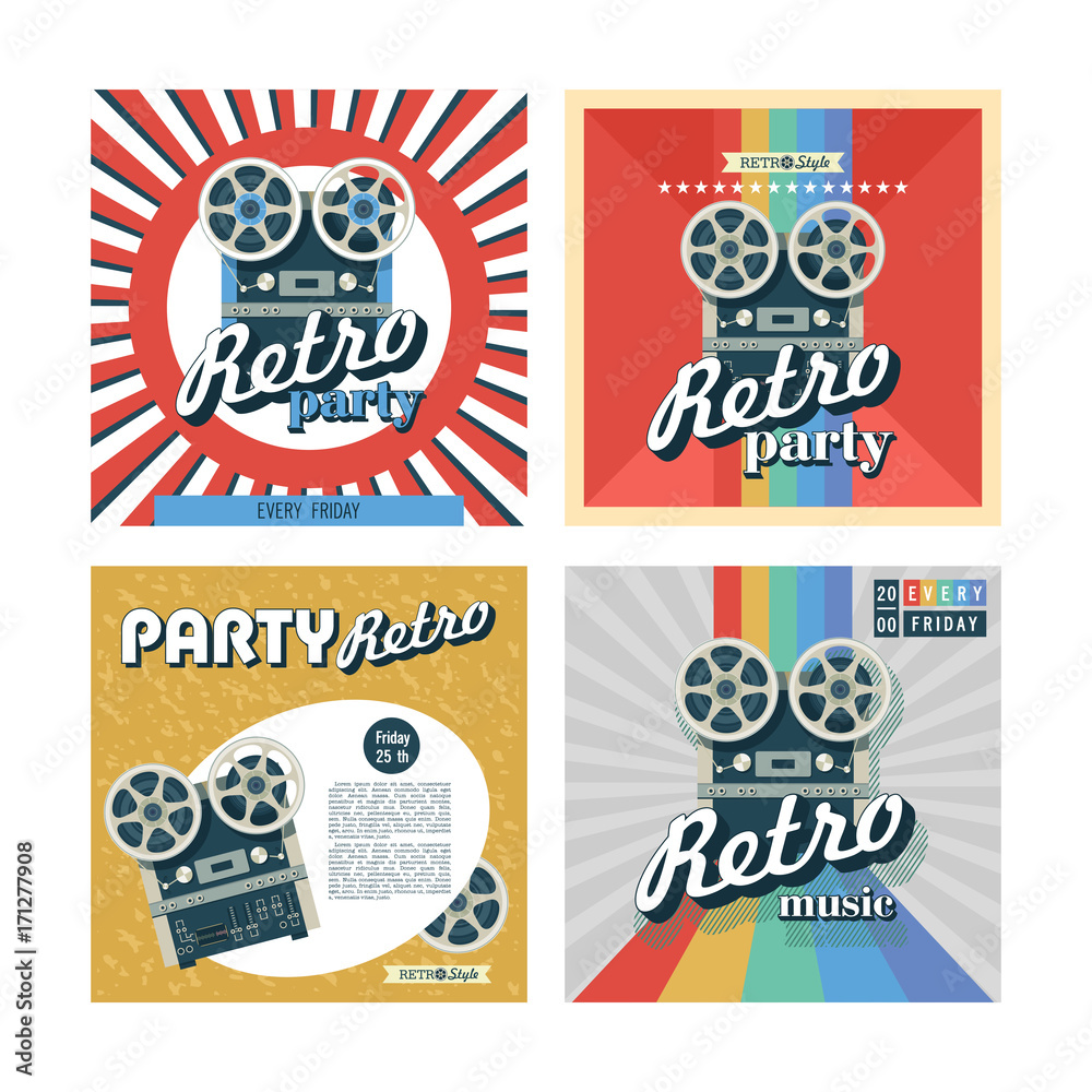 Set of retro posters, flyers. Retro party. Vector image of a vintage reel to reel tape recorder.
