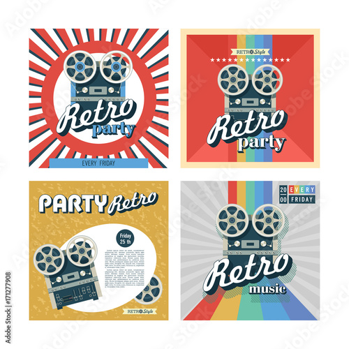 Set of retro posters, flyers. Retro party. Vector image of a vintage reel to reel tape recorder.
