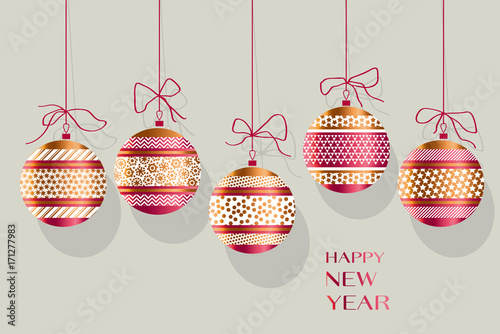 Xmas ornamented bauble vector illustration.  New year tree traditional decoration. Christmas glass balls set in red and gold colors.