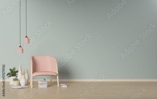 Modern Living room,interior  background,ornamental plants on empty wall,3D rendering