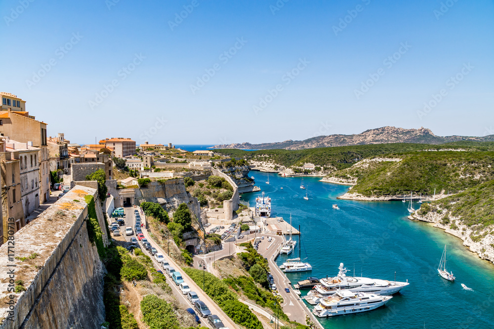 Bonifacio cityscape and bay on a beautiful day, Corsica, France