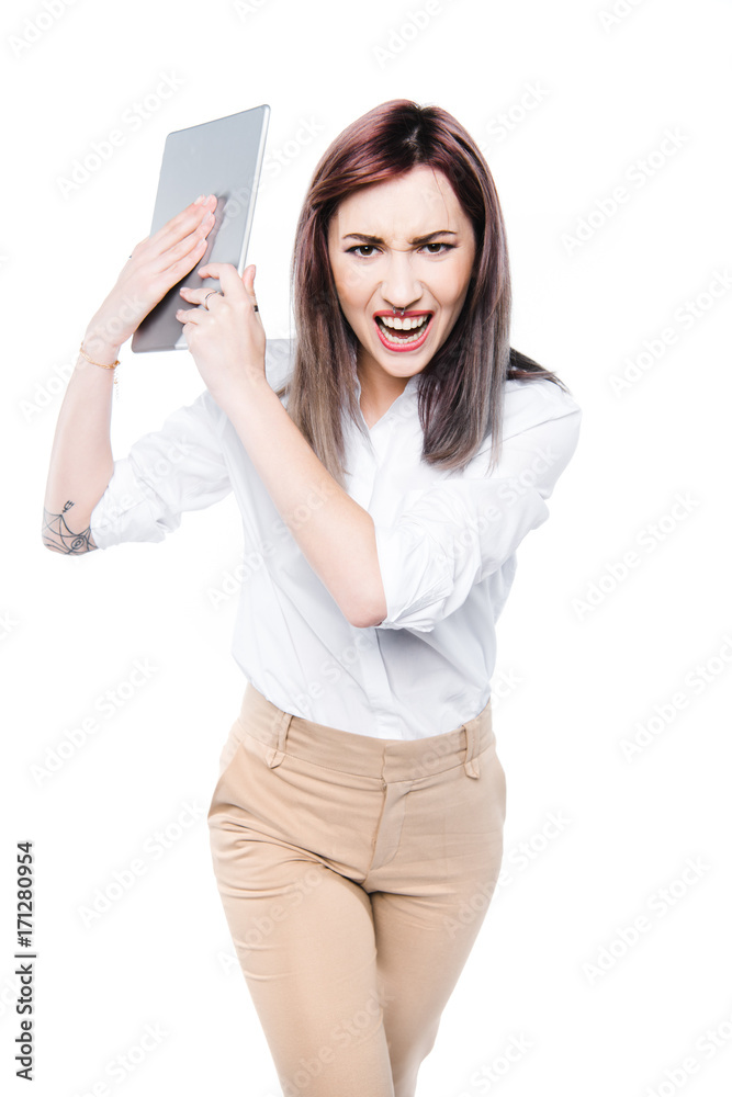 angry businesswoman with digital tablet angry businesswoman with digital tablet