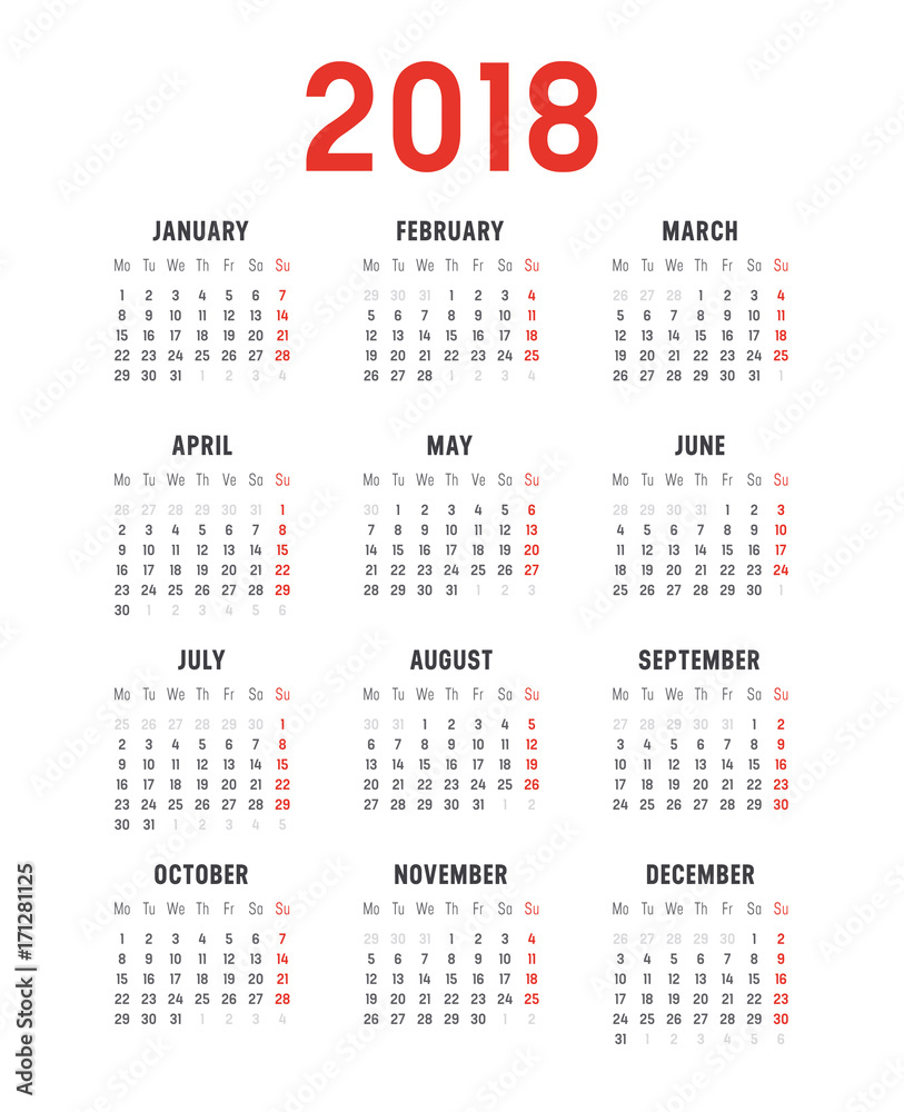 Year 2018 calendar vector template Year 2018 calendar vector template