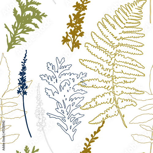 Floral vector seamless pattern with wild flowers, fern leaves and evergreen p...