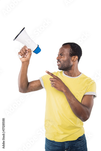 angry african american man with bullhorn