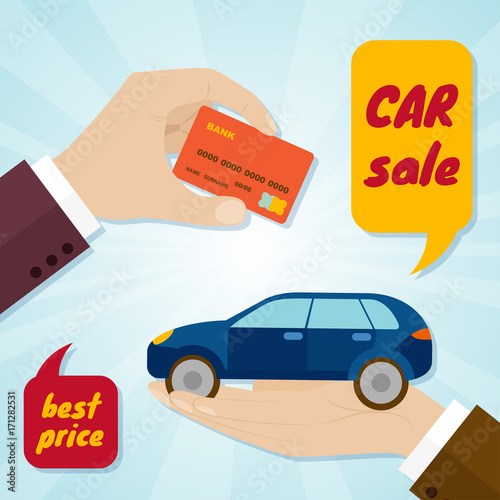 Hand buying a car with credit card. Rental or sale concept. Vector illustration