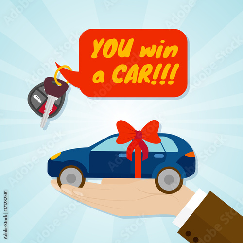Hand giving car with red ribbon and key. Rental or sale concept. Vector illustration