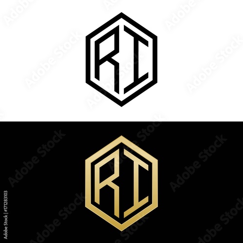 initial letters logo ri black and gold monogram hexagon shape vector