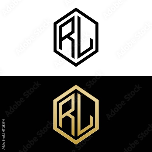 initial letters logo rl black and gold monogram hexagon shape vector