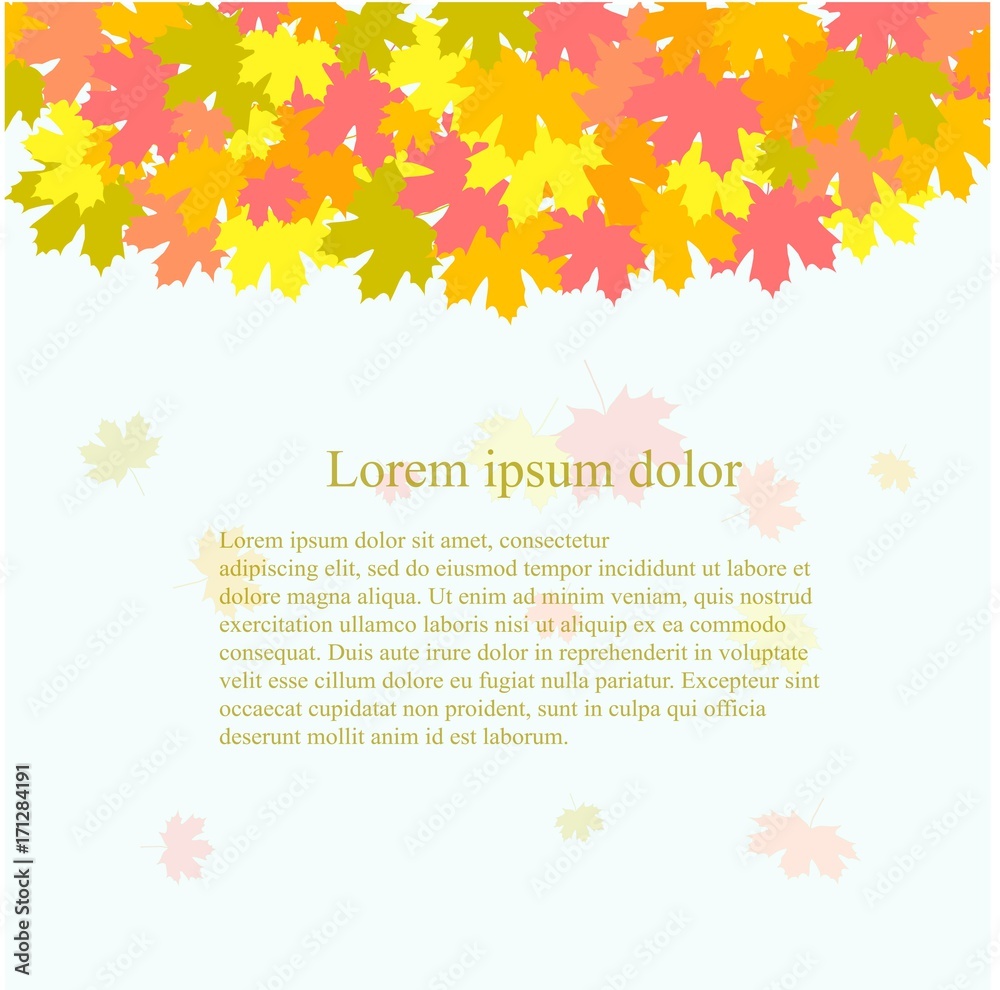 Background with yellow, green, orange, red maple leaves, fall, Lorem ipsum on light blue stock vector illustration