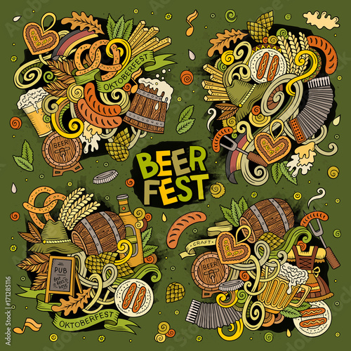 Fototapeta Naklejka Na Ścianę i Meble -  Vector doodle cartoon set of Oktoberfest designs