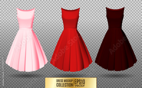Women's dress mockup collection. Dress with medium pleated skirt. Realistic vector illustration. Festive dress without sleeves. Pink red and vinous variation.