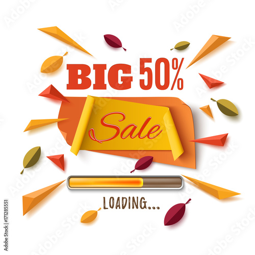 Big sale banner with abstract leafs on white.