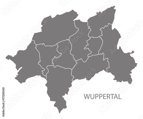 Wuppertal city map with boroughs grey illustration silhouette shape