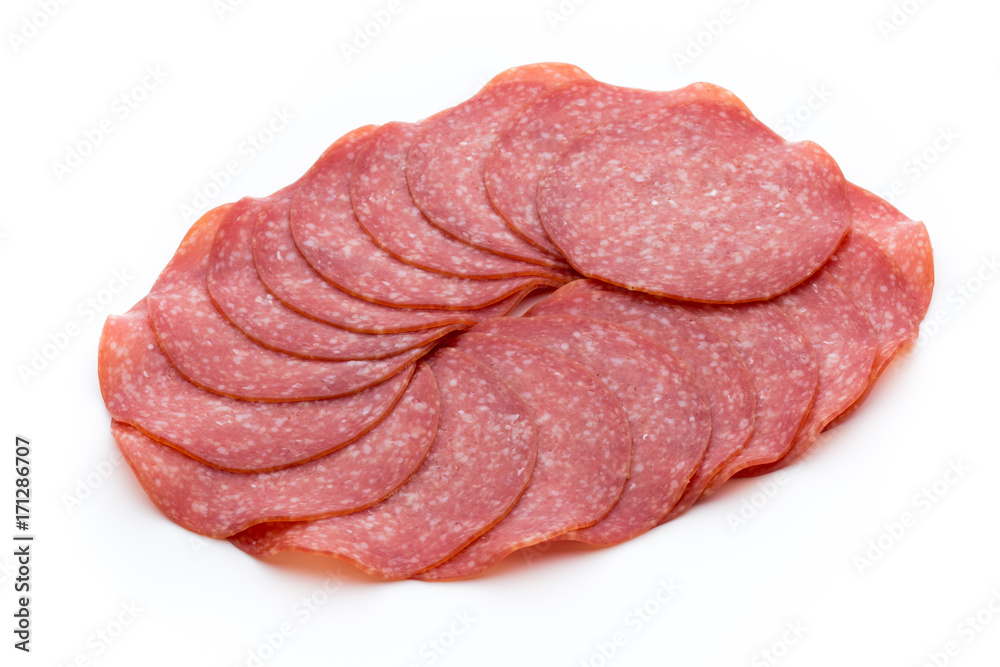 Salami slices isolated on white background.