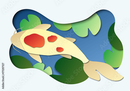 3d abstract paper cut illlustration of koi fish in the pond. Vector colorful banner or poster template in carving art