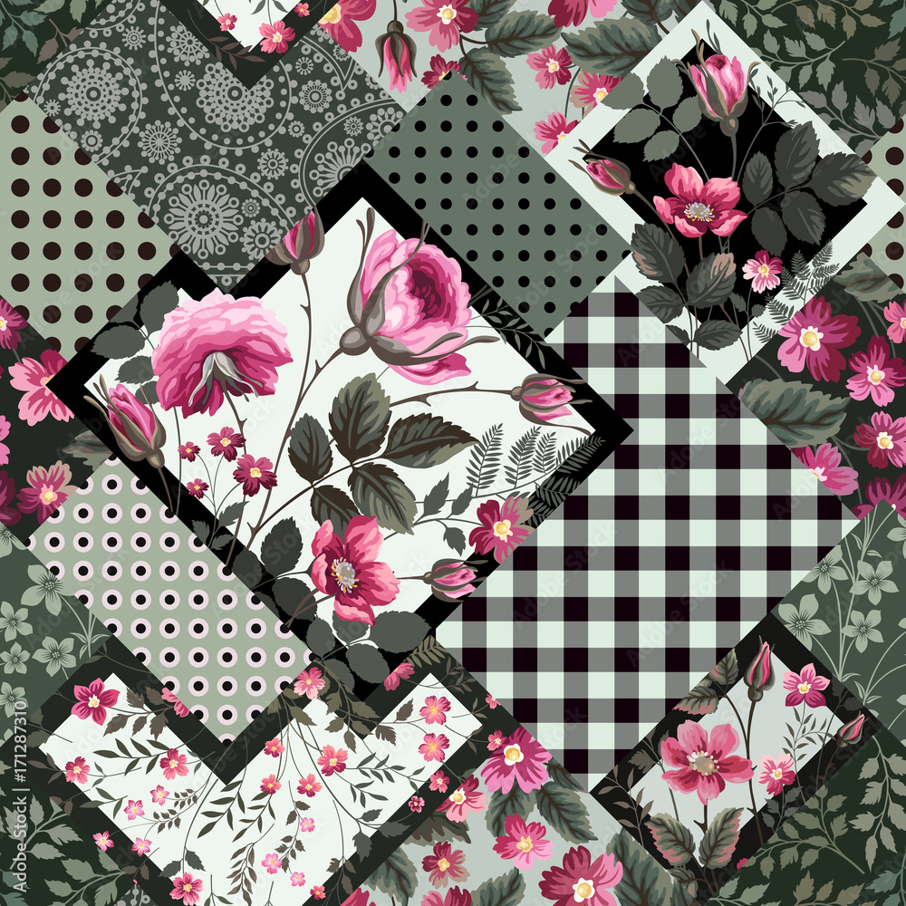 seamless decorative floral patchwork pattern with roses